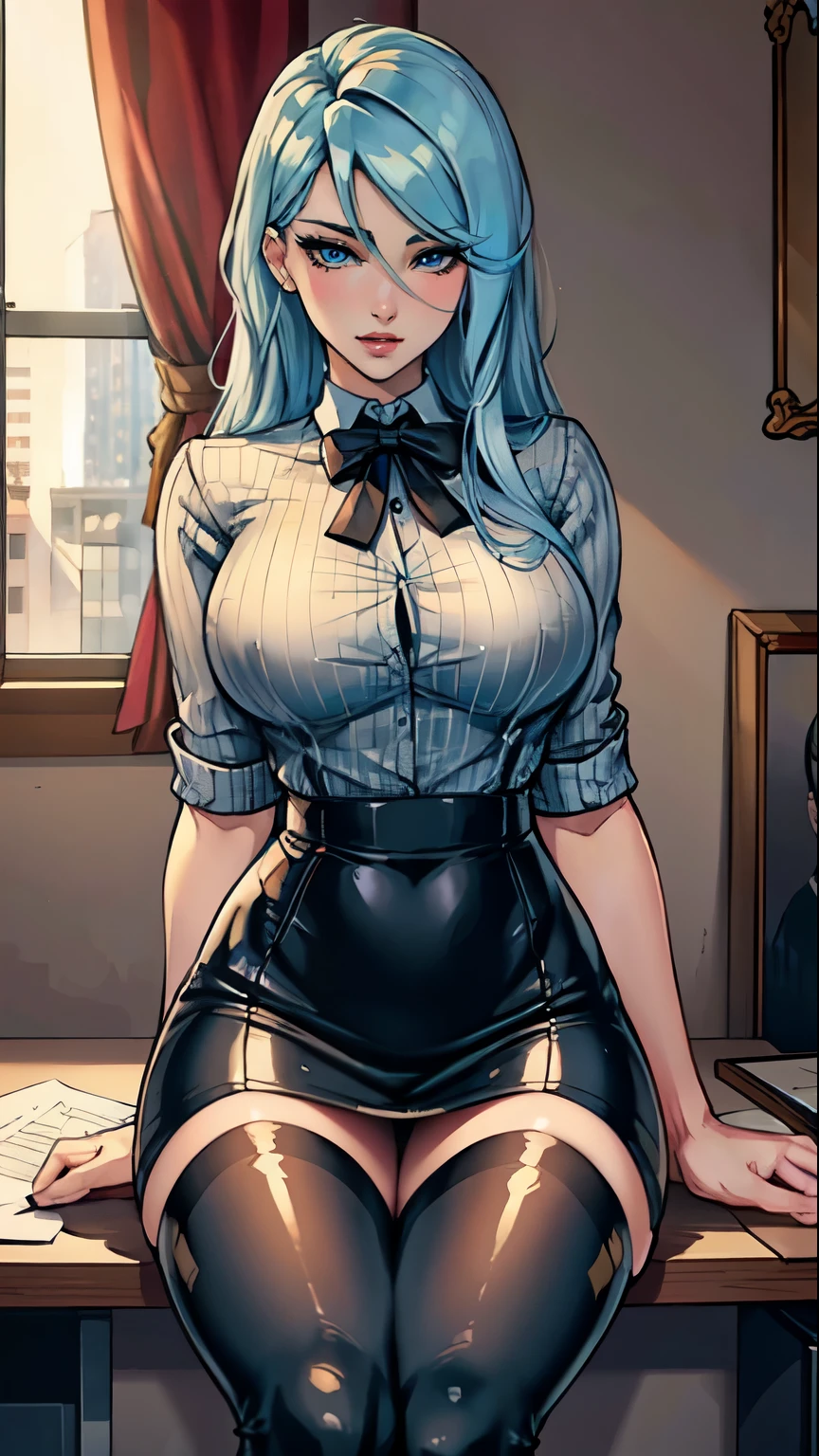 Masterpiece, raw,  beautiful art, professional artist, 8k, art style by sciamano240, very detailed face, very detailed hair, 2girls, perfectly drawn body, beautiful face, long hair, light blue hair , very detailed blue eyes, pouty lips , rosey cheeks, intricate details in eyes, grin, looking straight at viewer , wearing office clothes , pencil skirt, black dior thigh boots, open pinstripe shirt, in love with viewer expression, wedding ring , lipstick, office setting, full body view, posing next to window,