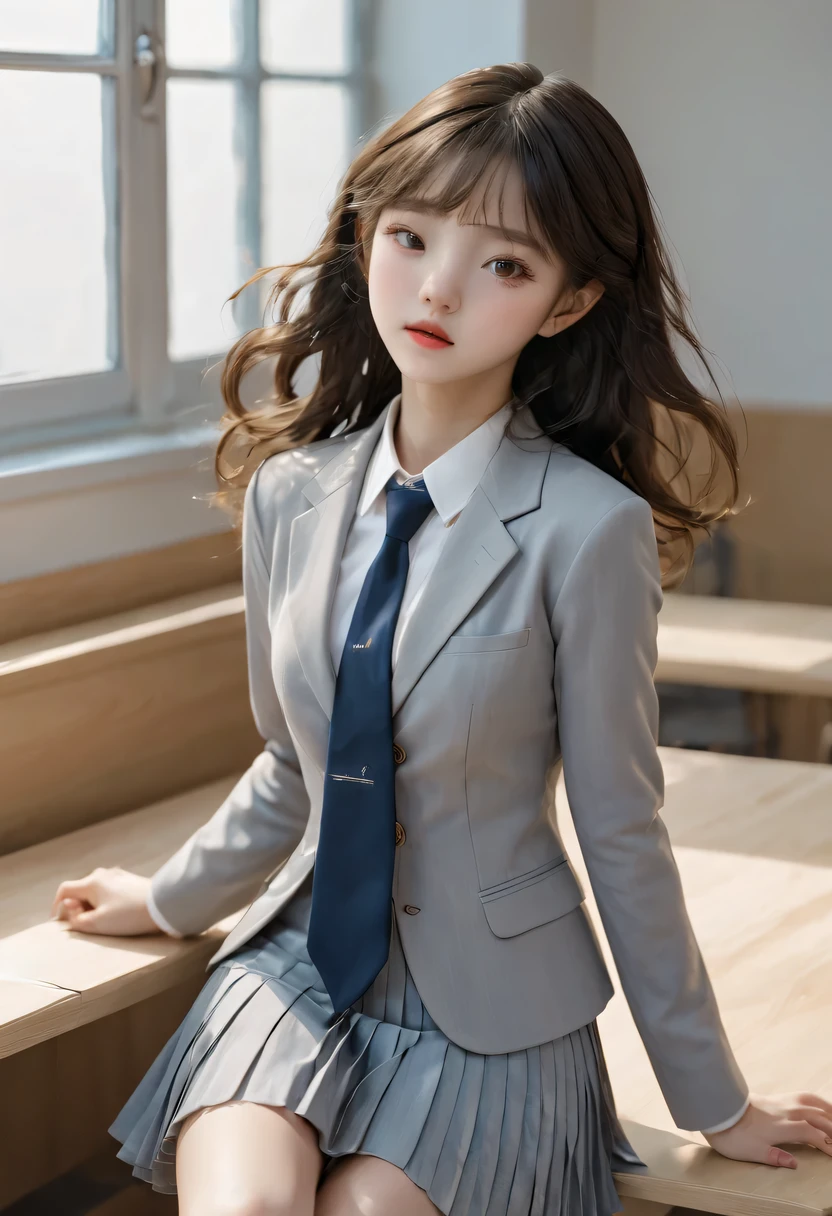 8k, best quality, real picture, intricate details, super detailed, ultra high resolution, depth field,(lifelike,actual:1.2),on the table , straight shot , From Middle ,
1 girl in, AI_Chen, an extremely beautiful -yeld gi innocent big eyes,、super detailed的眼睛:1.2)、(beautiful :1.1)、curls、curls、Bangs、, flawless skin, White skin, , Yao Liu, light blush, alone, looking at the audience, chuckle,
 ((School_),(Dark blue blazer),  (White shirt、tie), (Gray pleated skirt), 
(sculptural pose :1.1)