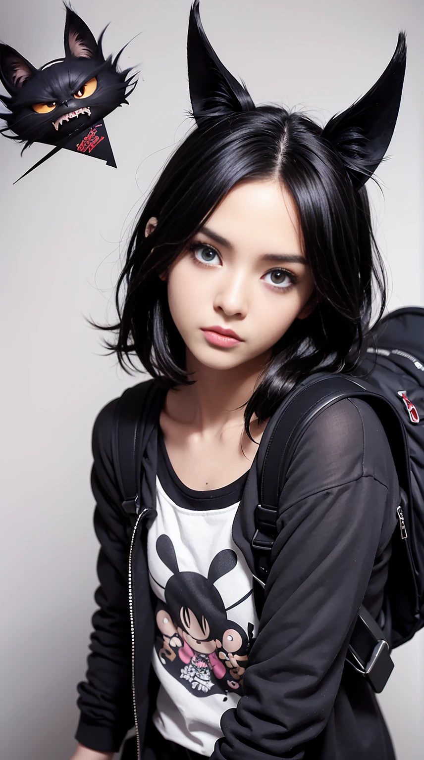 (close up), a dynamic dark kawaii character in ragged clothes, wearing a bookbag, sad expression on a complex sketch sheet, against a grunge off-white background, triple exposure, immaculate composition, dynamic pose, brian viveros, tim burton, esao andrews, anne stokes, dynamic pose, dynamic light and shadow, bold high quality