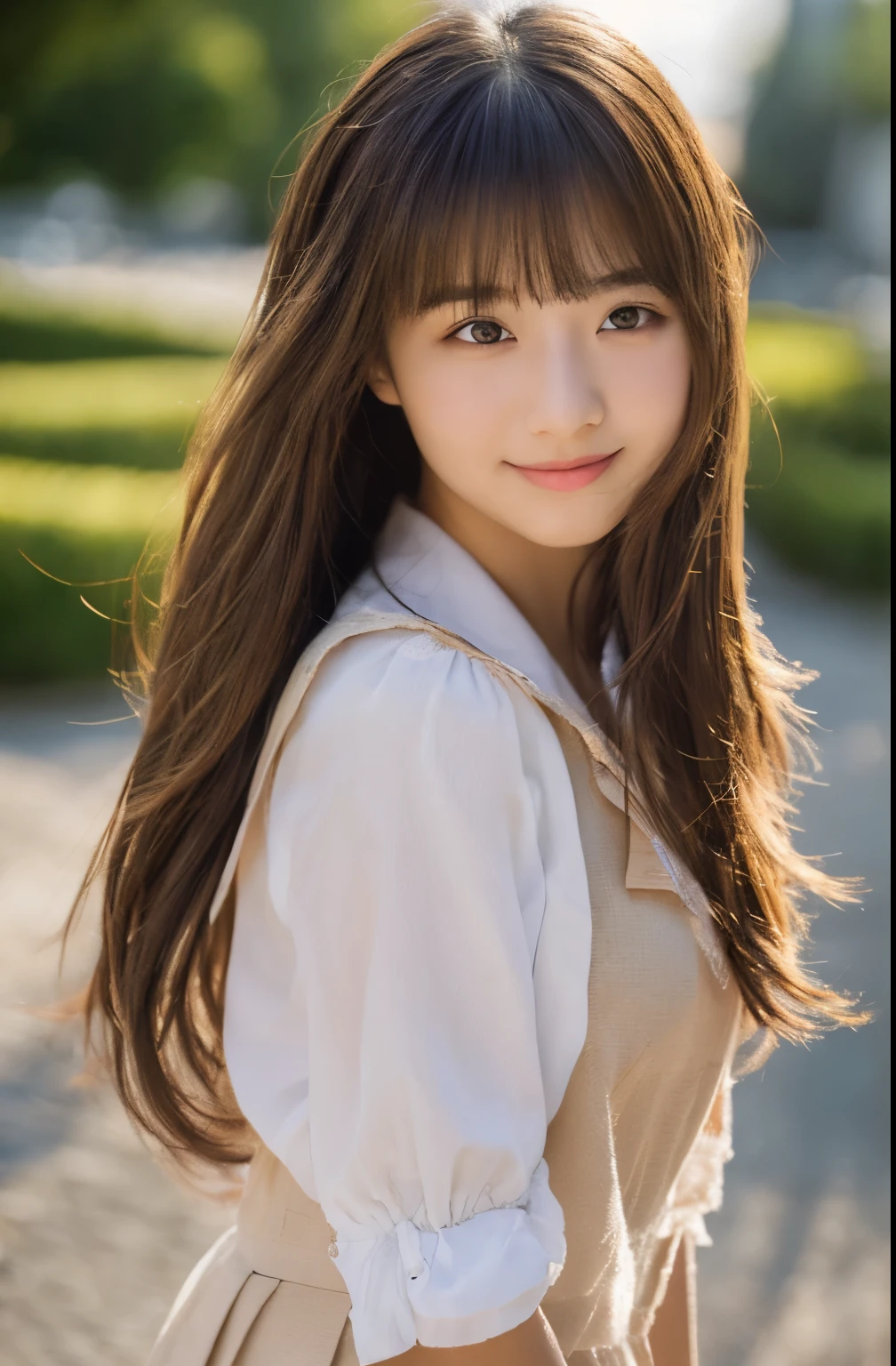 (((masterpiece))), highest quality, super detailed, very detailed, detailed background, light, very beautiful girl, Japanese, 20 me, detailed face, alone, smile, (whole body:1.3), (random hairstyle :1.2), bangs, ((plump lips)), (perfect body:1.1), ((school uniform)), Sunrise glow, summer, In 8K, wallpaper, wonderful, finely, super detailed, Super high resolution, very detailed, Pure erotic face, very detailed目と顔, beautiful and fine eyes, very detailed肌, no makeup, (natural skin),