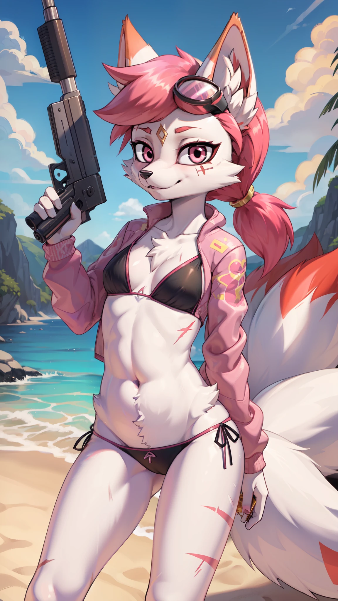 kimiko, furry female anthro, fox girl, white body fur, Pink hair, ((pink jacket, open clothes, black bikini, goggles)), small breasts, detailed body fur, detailed body, detailed face, detailed eyes, glistering body, shiny body, skinny, gorgeous body, :3, multiple tails, multi tail, solo, body fur, (best quality), detailed beach, clear sky, cinematic lighting, looking at viewer, anime style, short ponytail, scar on the eye, 2D, holding a water gun,