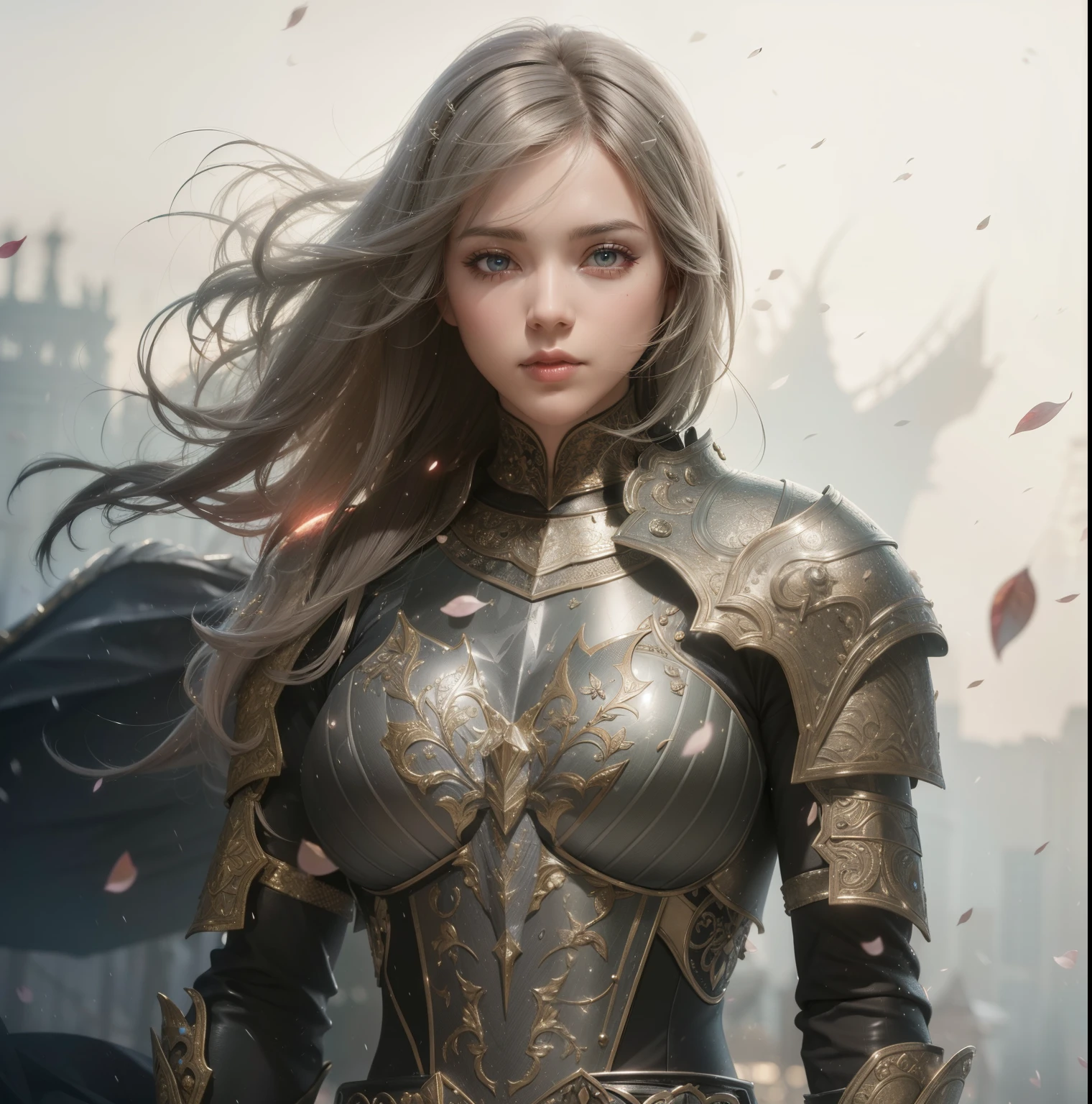 Bust ((from face to the waist)) Beauty girl as 2B in hyperrealistic detailed tight ornad elegant knight armor, detailed sharp galaxy glowing eyes, ((with glowing colorful fringe)), cinematic illumination 8k, (masterpiece), sharp focus, rain of cherry petals