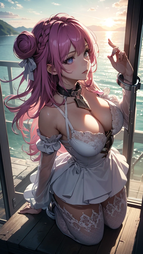 beautiful detailed sky, beautiful detailed sea, ((extremely detailed CG unity 8k wallpaper)),masterpiece, best quality,highly detailed,beautiful detailed eyes,cinematic lighting,an extremely delicate and beautiful,highly detailed,((masterpiece)),(((bestquality))),((ultra-detailed)),((illustration)),((disheveledhair)),dynamicangle,(((a girl was trapped in a huge glass bottle))),full body, (drift bottle), kneel,reaching,shackles, collar, arm support, stare,(Overlooking),((panorama)),(((dreamlike and picturesque))),from above,glass