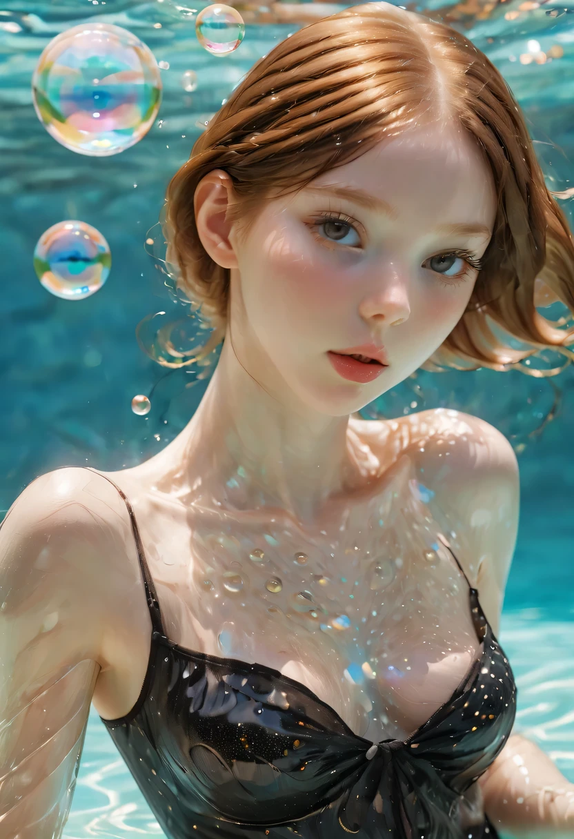 masterpiece, best quality, photo, digital art illustration, Beautiful 22 year old Miss, pale skin, German, Miss&#39;Body, dark ginger hair, very Bigger breasts, Bright Eyes, disciple, (((( Ultra-thin transparent fabric)))), (((Air bubbles on bare chest))), no crops, (Pool background), Dark illustration style, (8k, normal elements, lifelike. , sharp focus), complex background, normal, rule of thirds, backlight, SLR camera, film grain, intricate details, Cup size g