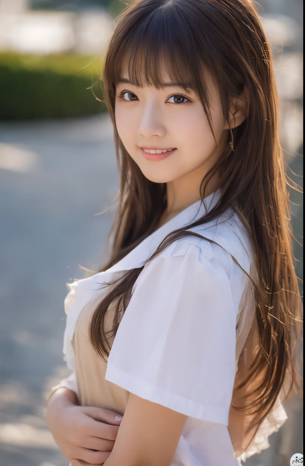 (((masterpiece))), highest quality, super detailed, very detailed, detailed background, light, very beautiful girl, Japanese, 20 me, detailed face, alone, smile, (whole body:1.3), (random hairstyle :1.2), bangs, ((plump lips)), (perfect body:1.1), ((school uniform)), Sunrise glow, summer, In 8K, wallpaper, wonderful, finely, super detailed, Super high resolution, very detailed, Pure erotic face, very detailed目と顔, beautiful and fine eyes, very detailed肌, no makeup, (natural skin),