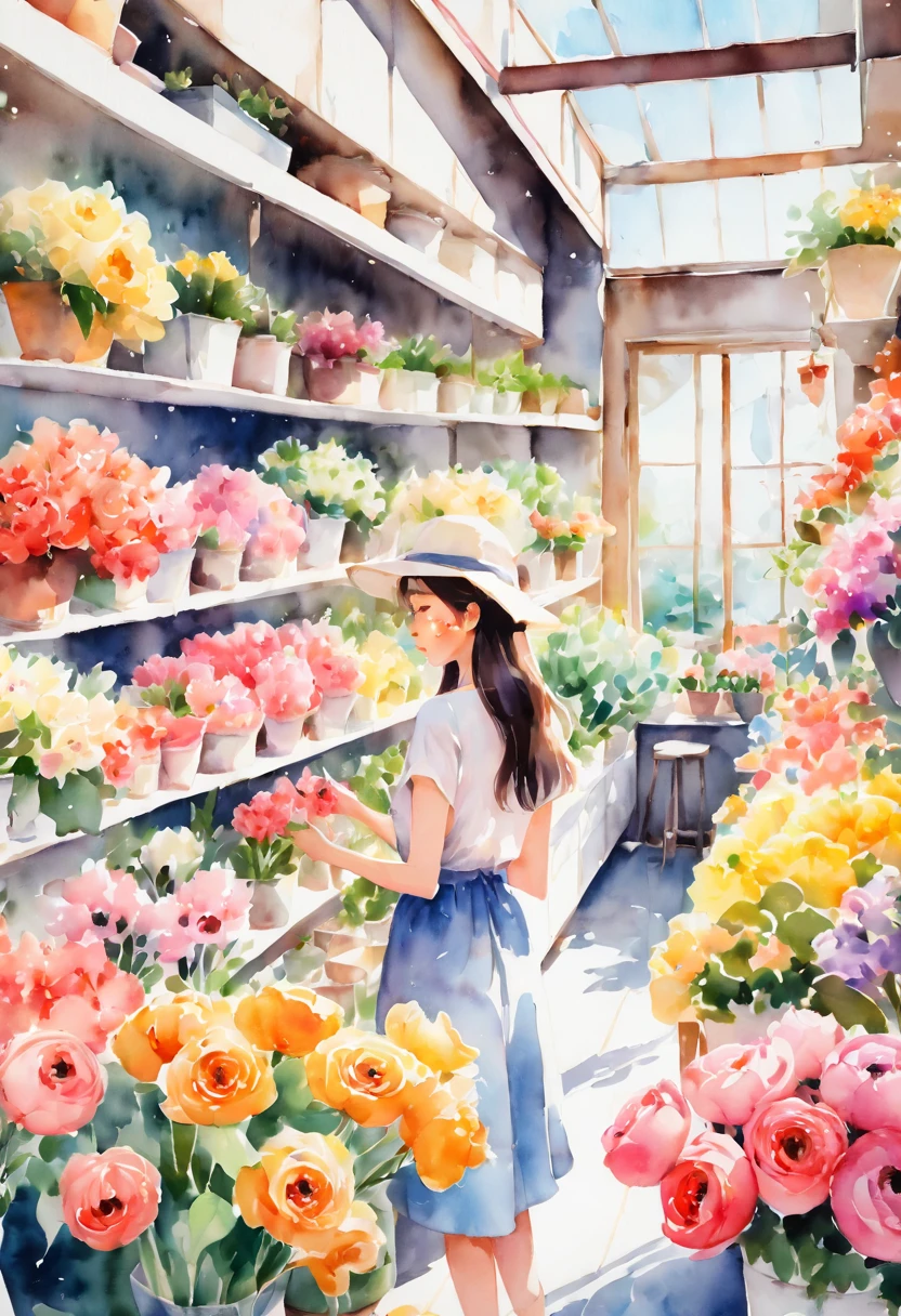 a dream girlfriend, Flower shop owner, youthful charm, beautiful flower shop background, Warm depictio, floral watercolor painting, (Super high saturation, bright and vivid colors)