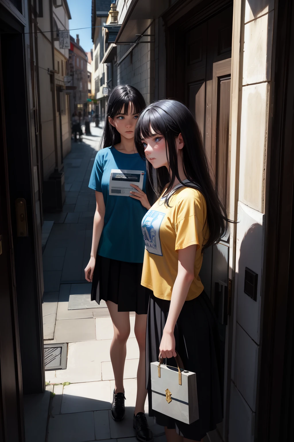 One black-haired girl with blue eyes lies calmly on the university doors' threshold, her expression cold as she watches a delivery man with yellow t-shirt approach. He attempts to hand her a package, but she brusquely brushes his hand away. With a dismissive turn, she gets up and walks away from the scene, leaving the bewildered man behind. This moment, captured in a master painting, showcases the brunette's determination and independence. The university doors serve as an imposing backdrop, emphasizing the girl's small figure and highlighting her resolve in the face of adversity. The scene is rendered with intricate detail and exceptional artistic skill, bringing the atmosphere to life. Stand