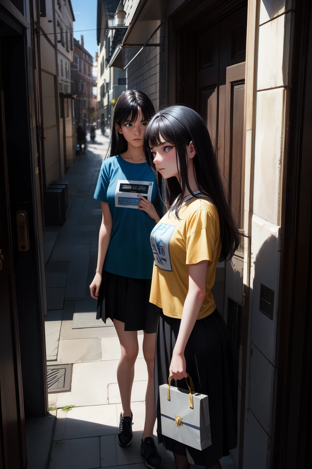 One black-haired girl with blue eyes lies calmly on the university doors' threshold, her expression cold as she watches a delivery man with yellow t-shirt approach. He attempts to hand her a package, but she brusquely brushes his hand away. With a dismissive turn, she gets up and walks away from the scene, leaving the bewildered man behind. This moment, captured in a master painting, showcases the brunette's determination and independence. The university doors serve as an imposing backdrop, emphasizing the girl's small figure and highlighting her resolve in the face of adversity. The scene is rendered with intricate detail and exceptional artistic skill, bringing the atmosphere to life. Stand