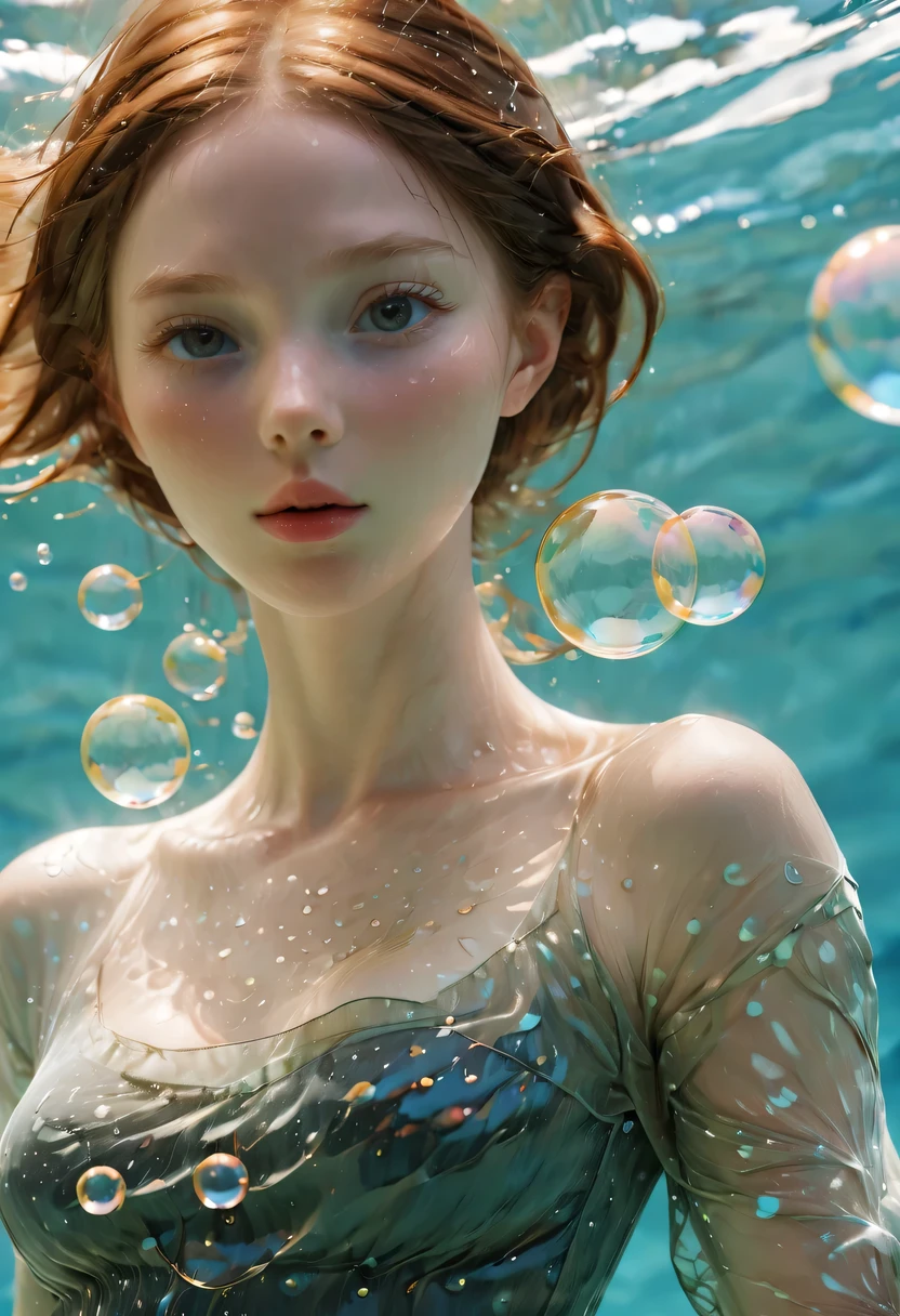 masterpiece, best quality, photo, digital art illustration, Beautiful 22 year old Miss, pale skin, German, Miss&#39;Body, dark ginger hair, very Bigger breasts, Bright Eyes, disciple, (((( Ultra-thin transparent fabric)))), (((Air bubbles on bare chest))), no crops, (Pool background), Dark illustration style, (8k, normal elements, lifelike. , sharp focus), complex background, normal, rule of thirds, backlight, SLR camera, film grain, intricate details, Cup size g