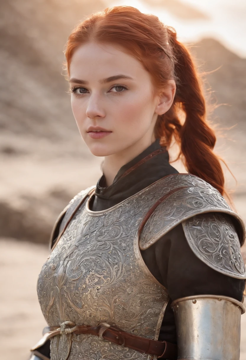 Norwegian girl 13 years old ,Red-haired ponytail, dusty face, wearing leather armor, against the background of a sandy beach, sword in hands, Wind, photorealism, sharp focus, Realistic facial skin, oppressive atmosphere,View,erotic face、medieval female knight、Beautiful 13 year old girl、Hazel Eyes、full body photo、Beautiful girl wearing white sarouel pants、female knight holding a spear