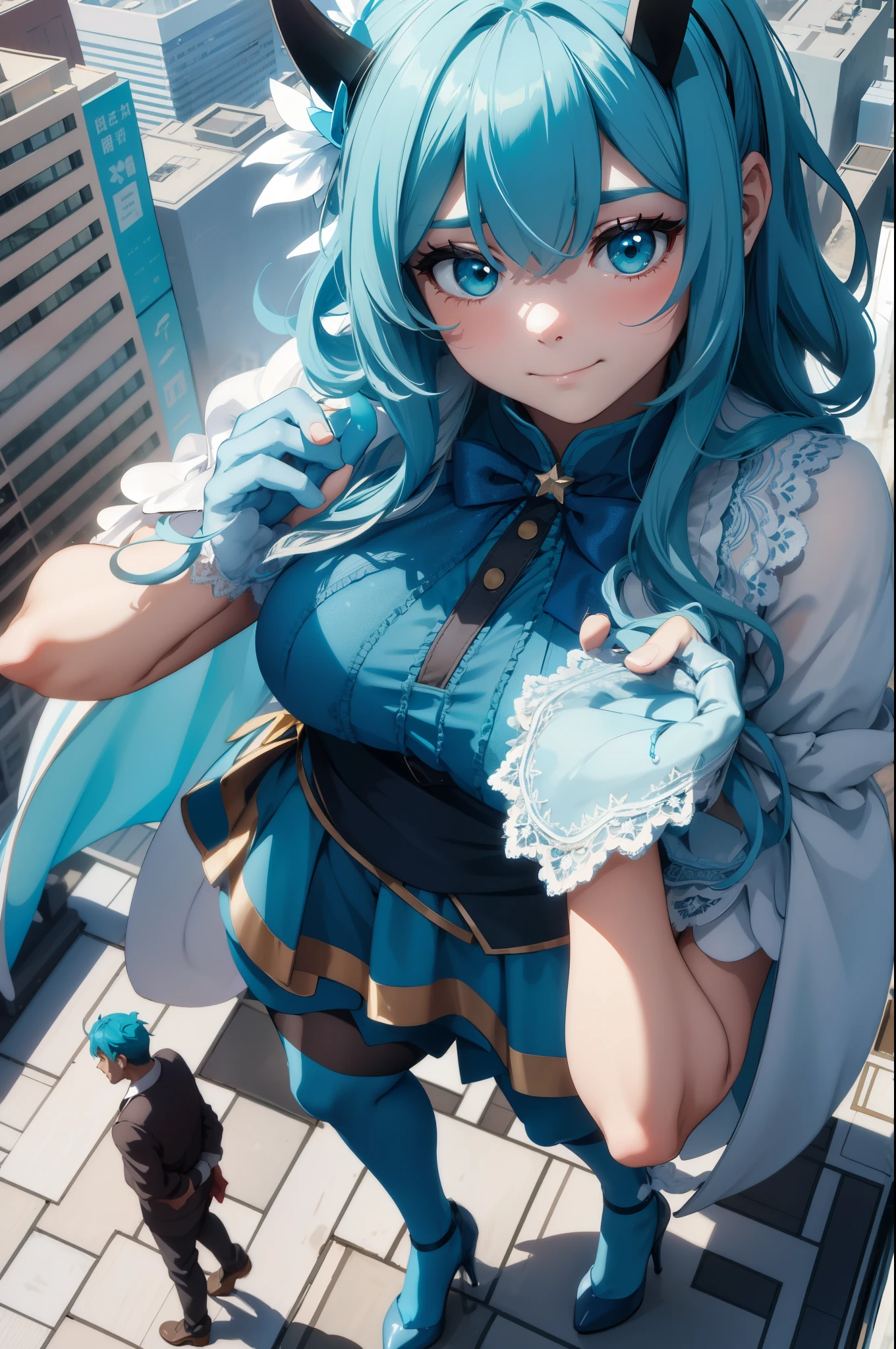 Aerial View,giant girl 50,000 feet high,Weight 1000kg,Has a pair of huge blue angel wings,With huge devil horns on his head,Has waist-length blue hair,loose hair,Blue wavy hair,cyan crown,Wearing a pair of cyan Mary Jane high heels,cyan lace gloves,Cyan lace pantyhose,Pantyhose with bow and star decorations,青色蕾丝whole body,Standing upright on a small city,Beautiful appearance,Exquisite makeup,quality,8k,高quality,Perfect proportion, Cinema lighting,film grain,Fuji colors,8k,textured skin,Super details,high detail,high resolution,fake smile,blood stains,脚底有blood stains,whole body,Obese,feather