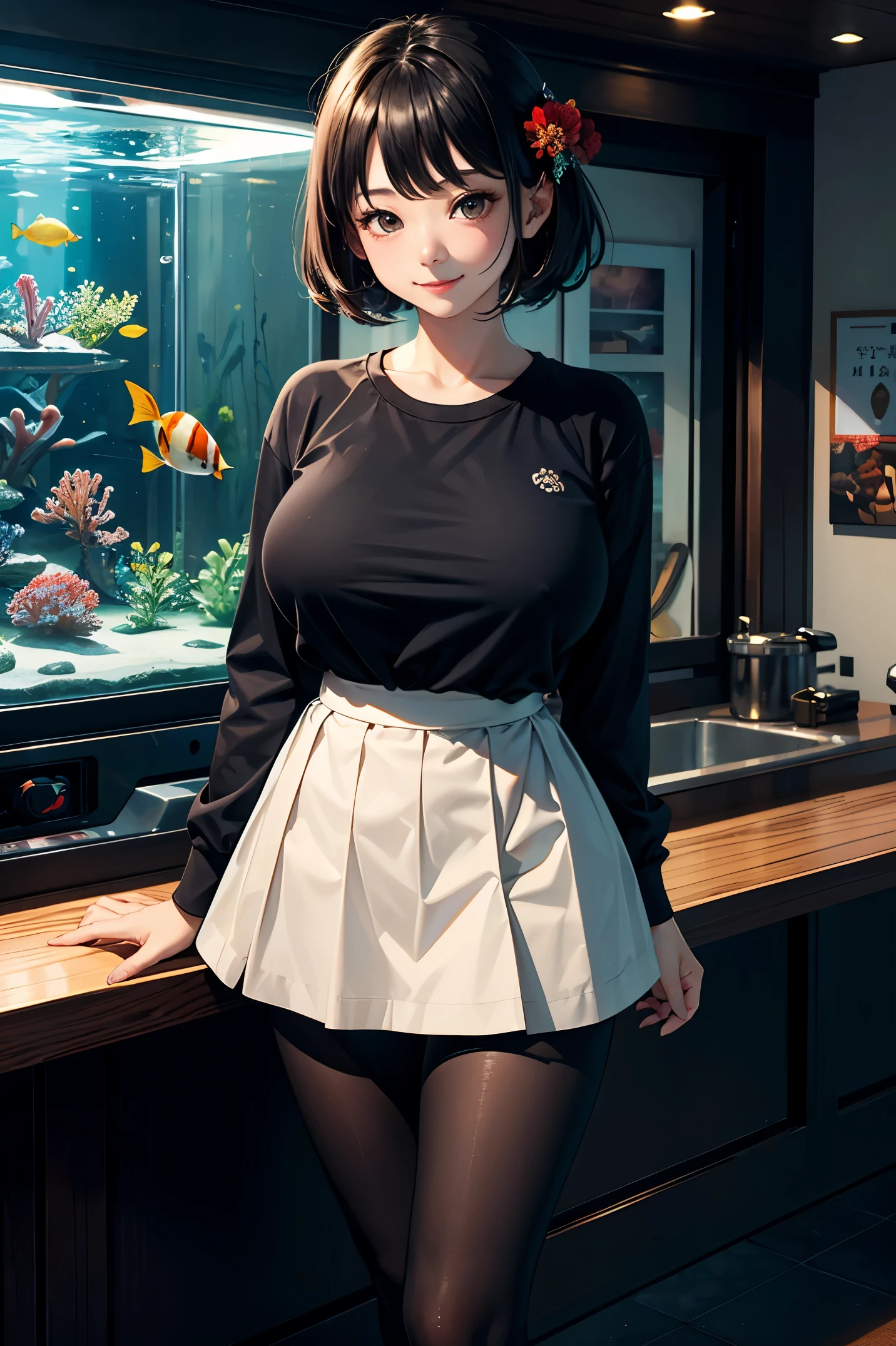 (masterpiece:1.4)、(highest quality:1.4)、ultra high resolution、beautiful features、20 year old woman、black short bob、brown eyes、hair ornaments、Navy long sleeve T-shirt、Beige skirt、black tights、(huge breasts:1.2)、red face、smile、stand、aquarium、巨大な水槽の前にstand、arms behind body、Lots of Fish、dim