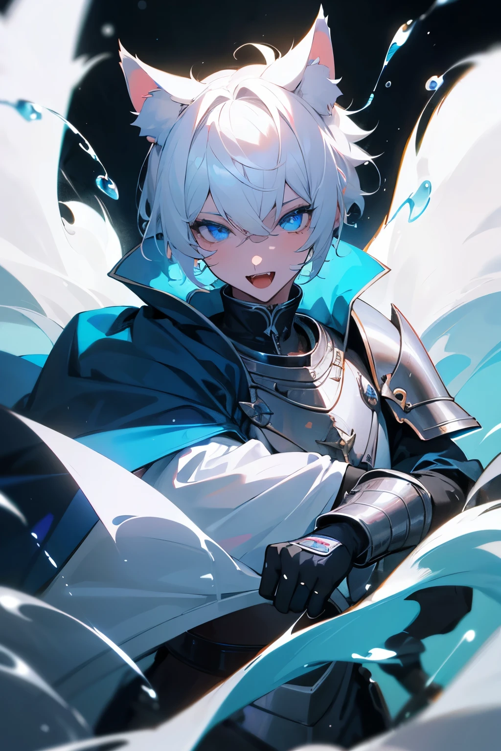 master masterpiece, 4k, highly detailed, 1boy, femboy, fangs, cat ears, white hair, short hair, white hair, white fur, ((water theme)), blue eyes, bright neon blue eyes, paladin, medieval, warrior, armor, blue cape, happy, Clear focus, hard lighting，vivd colour.