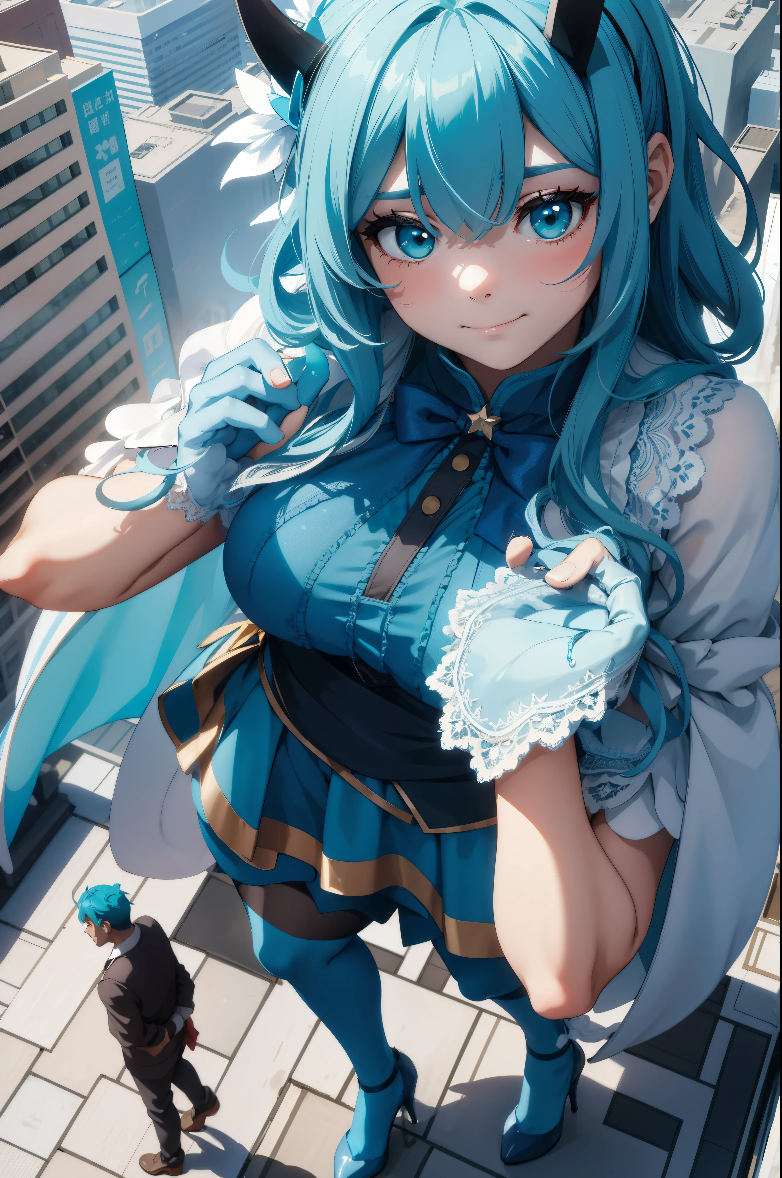 Aerial View,giant girl 50,000 feet high,Weight 1000kg,Has a pair of huge blue angel wings,With huge devil horns on his head,Has waist-length blue hair,loose hair,Blue wavy hair,cyan crown,Wearing a pair of cyan Mary Jane high heels,cyan lace gloves,Cyan lace pantyhose,Pantyhose with bow and star decorations,青色蕾丝whole body,Standing upright on a small city,Beautiful appearance,Exquisite makeup,quality,8k,高quality,Perfect proportion, Cinema lighting,film grain,Fuji colors,8k,textured skin,Super details,high detail,high resolution,fake smile,blood stains,脚底有blood stains,whole body,Obese,feather