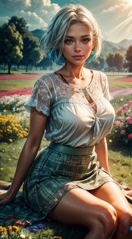 85-year-old woman with short gray hair, seductive gaze, green eyes, a lot of wrinkles on her face,  8k, detailed wrinkles, detailed background, utlra realistic, realism, exta realistic, wrinkles on body, NSFW:1.7, slightly opens her tits with her hands, opened breasts, opened titts, full titts visible, blue summer dress with daisy patterns,high-ponytail Hairstyle, pic-nic, pic nic in the park, park in the large green lawn, beautiful lake background, showing full body, full body, extra small titts, small breasts, looking at viewer from below, light smile, teeth indoors,soft lighting, extreme detail, hdr,  lying on a blanket,