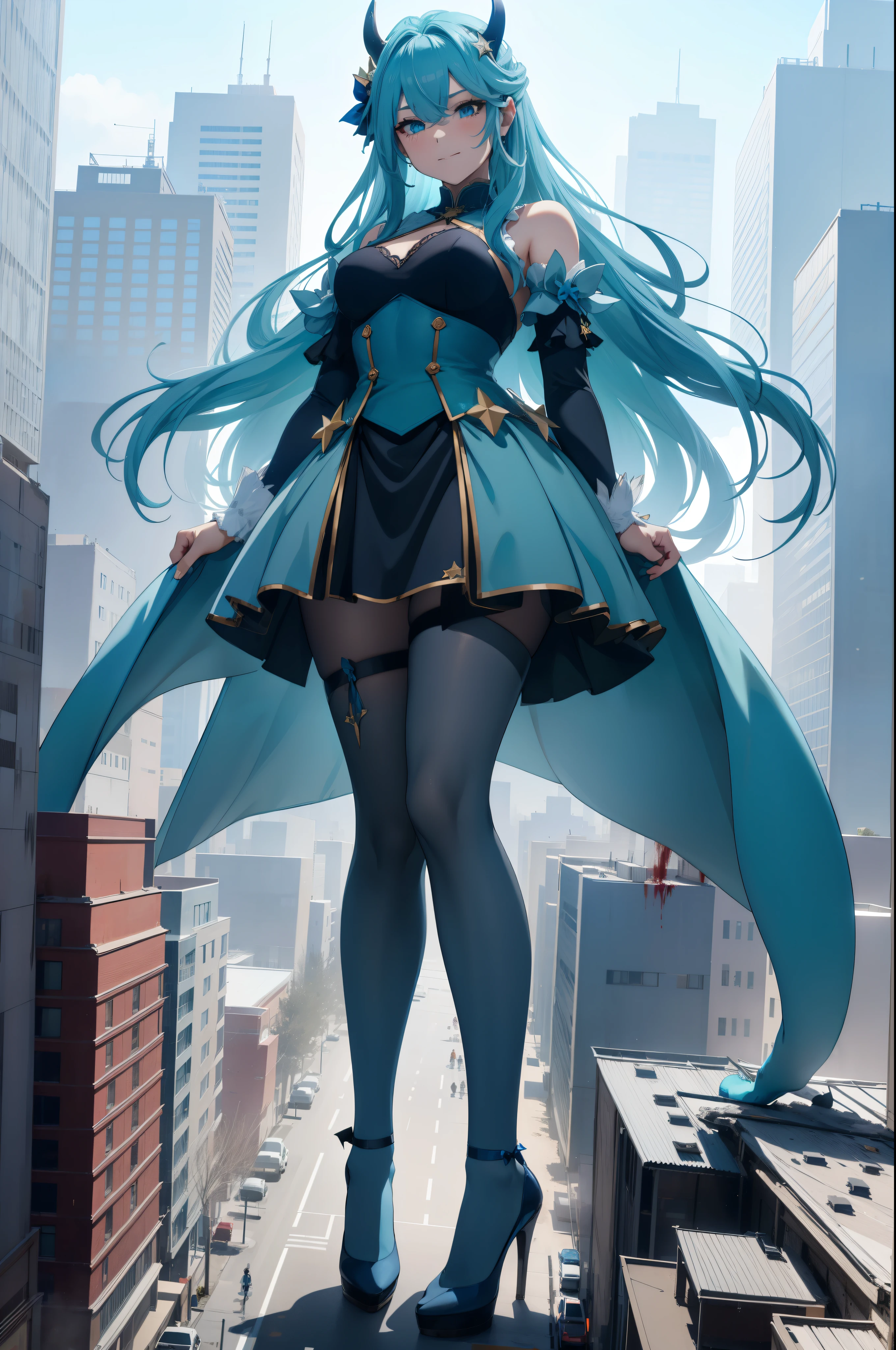 Aerial View,giant girl 50,000 feet high,Weight 1000kg,Has a pair of huge blue angel wings,With huge devil horns on his head,Has waist-length blue hair,loose hair,blue wavy hair,cyan crown,Wearing a pair of cyan Mary Jane high heels,cyan lace gloves,Cyan lace pantyhose,Bow and star embellished tights,青色蕾丝whole body,Standing tall above the small town,Beautiful appearance,Exquisite makeup,quality,8k,高quality,Perfect proportion, Cinema lighting,film grain,Fuji colors,8k,textured skin,Super details,high detail,high resolution,fake smile,blood stains,脚底有blood stains,whole body,fat,feather