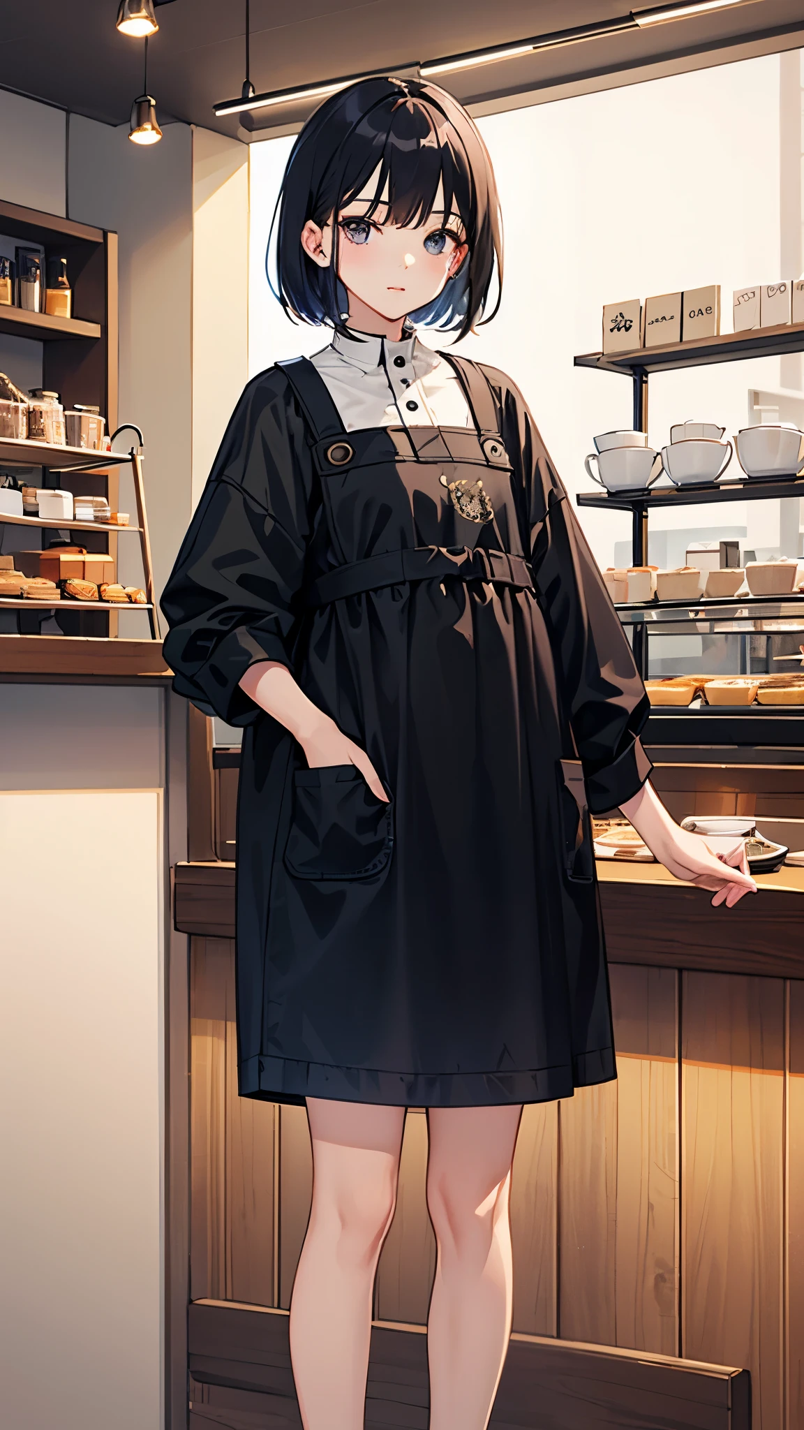 145cm, petite, small, baby face, young, lovely, part-time job at a cafe, cafe costumes, black hair, bob, Fair skin, Are standing, cowboy shot, front, looking here, good eyes, Holding nothing in your hands, masterpiece, best quality, super fine illustration, highres