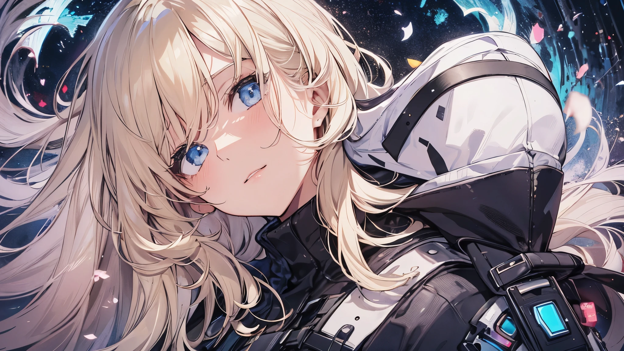 （（masterpiece：1.4, best quality））+, （Ultra-detailed）+, （delicate blue eyes：1.5）+, （Detailed ears：1.5）, （cute girls）, （??????????? silk：1.5）, ??????????? silk, Long hair details，no headgear，high belt，（Black hood：1.2）, pale skin, （brown cloth：1.5）, （Black Martin boots：1.4）, towering trees，Surrounded by huge black trees,shrouded in thick fog，huge black shield，huge black crystal，Flying dust，Jet black mechanical armor，seaside，（Wanderers：1.1）, （dawn light：1.2）, ）, （close up：1.1）, the only person, Bright blonde hair, Gloom (Express), from the front, from below, best quality, high resolution, high detail, high quality, 16k