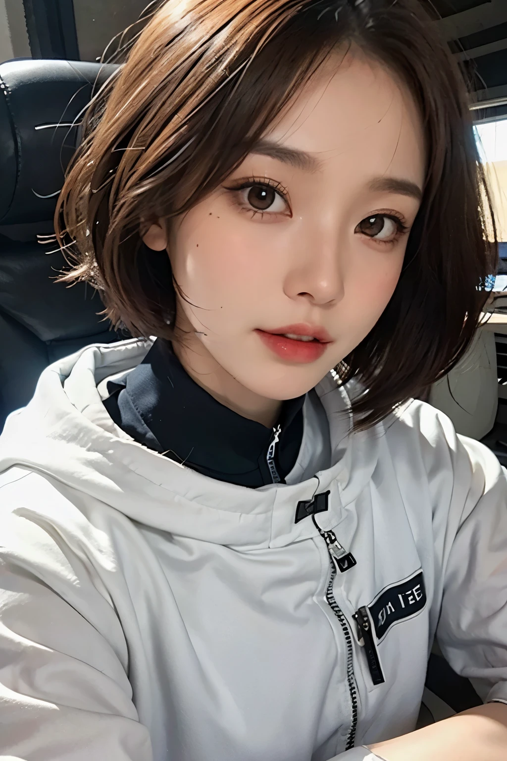 highest quality、masterpiece、ultra high resolution、(real:1.4)、Beautiful woman１、Beautiful details of eyes and skin、smile、light brown short cut hair、The perfect spacesuit、outer space、spaceship、macrocosm、