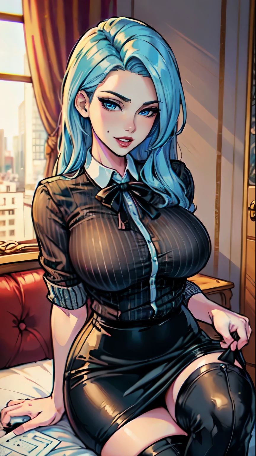 Masterpiece, raw, beautiful art, professional artist, 8k, art style by sciamano240, very detailed face, very detailed hair, 2 girls, perfectly drawn body, beautiful face, long hair, light blue hair , very detailed blue eyes, pouty lips , rosey cheeks, intricate details in eyes, grin, looking directlt at viewer , wearing office clothes , pencil skirt, black dior thigh boots, open pinstripe shirt, in love with viewer expression, wedding ring , lipstick, hotel setting, posing next to window, close up on face,