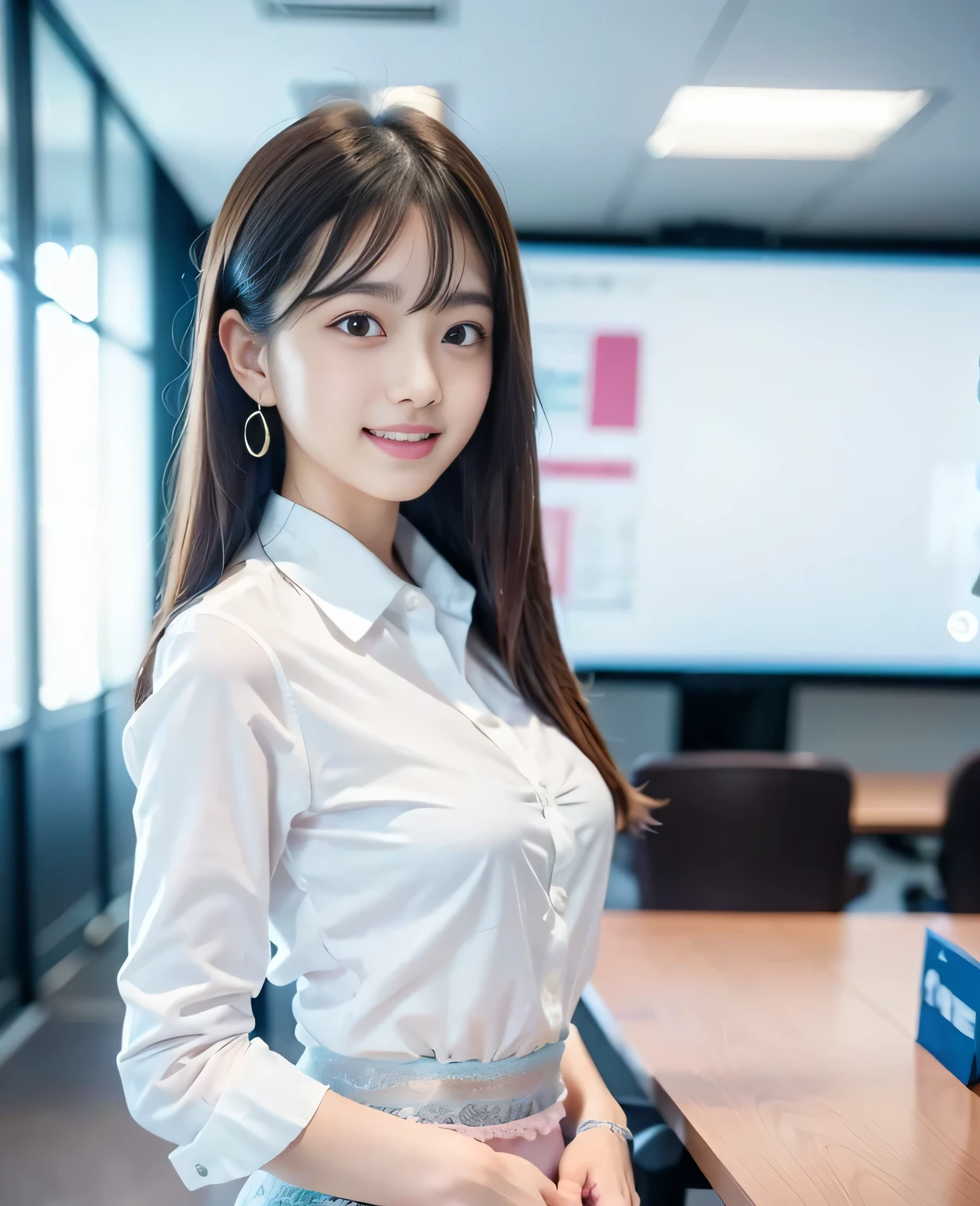 Masterpiece, Original Photo, 1Girl, Cinematic Lighting, Smiling, Japanese, imagine 27yo business woman is enthusiastically making a presentation in the front of large digital display in the digital office in Tokyo. Her beautiful and cute face. viewer looking, fine detail, detailed face, pureerosfaceace_v1