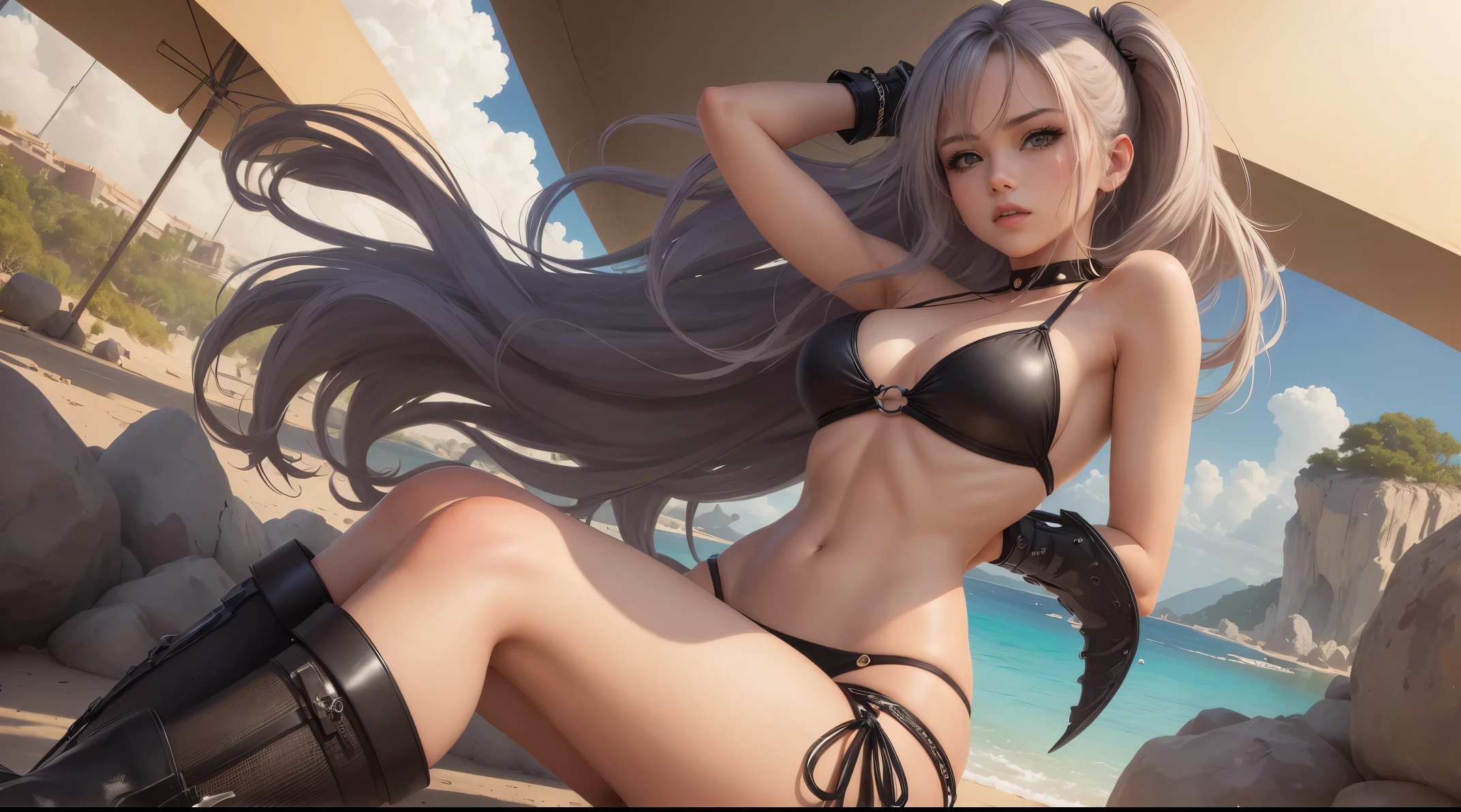 1girl as a bikini model, anime, cabelos brancos, black bikini, Botas pretas de coxa, Tonificado, Personagem estilo anime solo, Torso Tiro, foco na clivagem