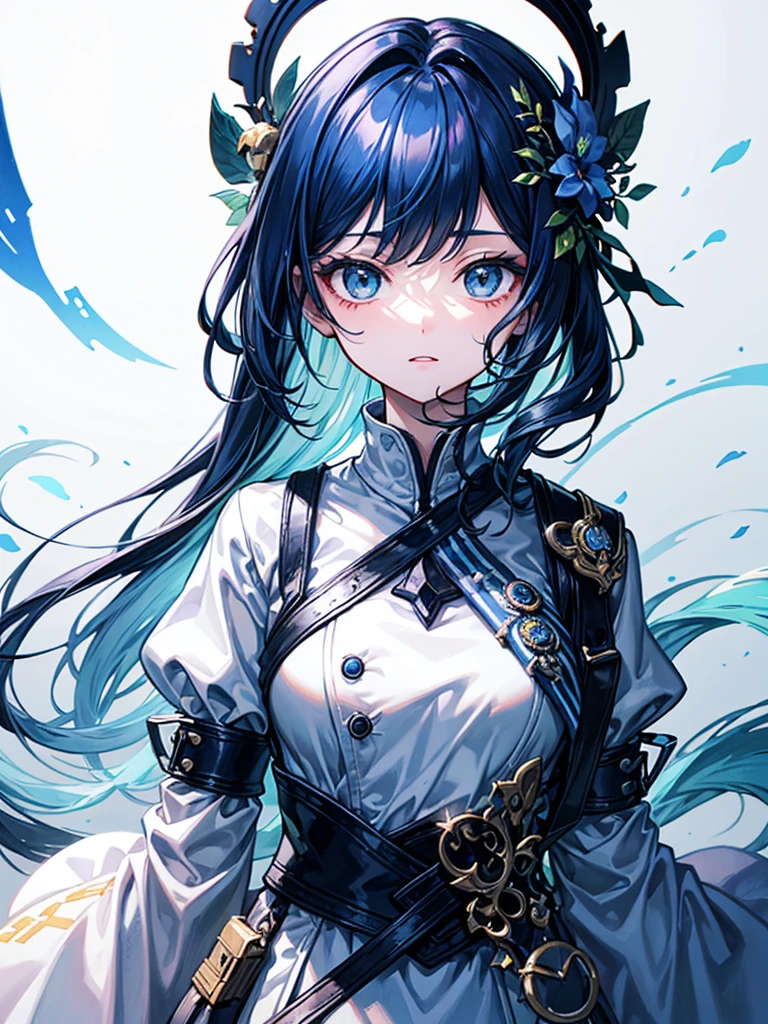(((masterpiece、Highest image quality、highest quality、highly detailed unity 8kwallpaper)))、((Illustration of one girl))、(((beautiful girl)))、blue hair、white clothes