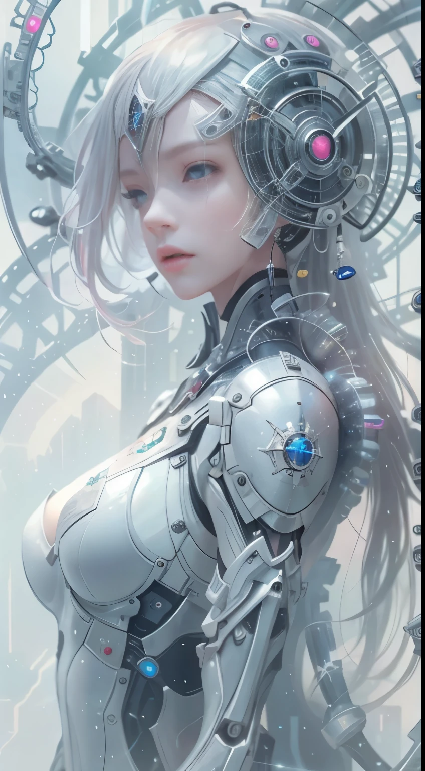 Translucent ethereal mechanical girl,Futuristic girl,Mechanical joint,futuristic city background