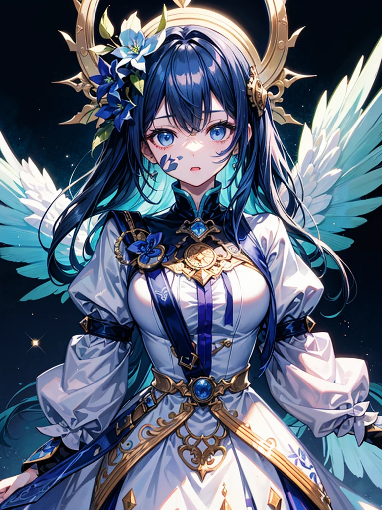 (((masterpiece、Highest image quality、highest quality、highly detailed unity 8kwallpaper)))、((Illustration of one girl))、(((beautiful girl)))、blue hair、white clothes