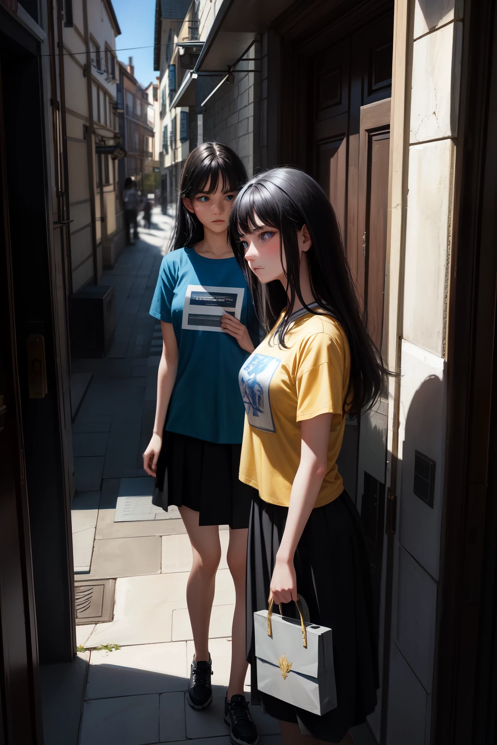 One black-haired girl with blue eyes lies calmly on the university doors' threshold, her expression cold as she watches a delivery man with yellow t-shirt approach. He attempts to hand her a package, but she brusquely brushes his hand away. With a dismissive turn, she gets up and walks away from the scene, leaving the bewildered man behind. This moment, captured in a master painting, showcases the brunette's determination and independence. The university doors serve as an imposing backdrop, emphasizing the girl's small figure and highlighting her resolve in the face of adversity. The scene is rendered with intricate detail and exceptional artistic skill, bringing the atmosphere to life. Stand
