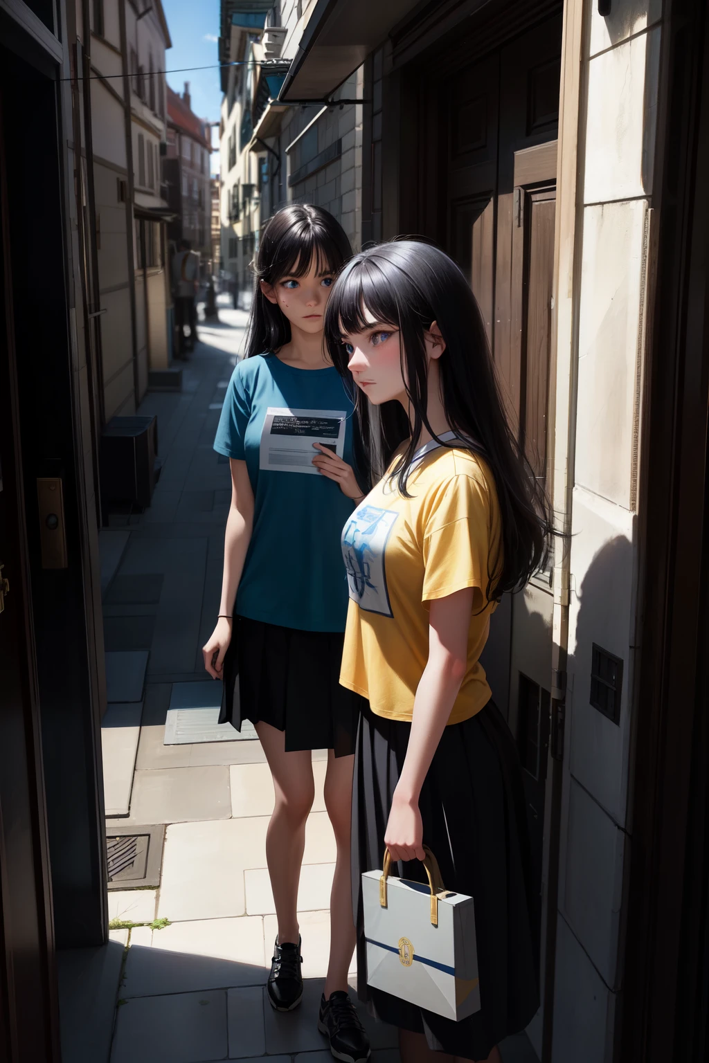 One black-haired girl with blue eyes lies calmly on the university doors' threshold, her expression cold as she watches a delivery man with yellow t-shirt approach. He attempts to hand her a package, but she brusquely brushes his hand away. With a dismissive turn, she gets up and walks away from the scene, leaving the bewildered man behind. This moment, captured in a master painting, showcases the brunette's determination and independence. The university doors serve as an imposing backdrop, emphasizing the girl's small figure and highlighting her resolve in the face of adversity. The scene is rendered with intricate detail and exceptional artistic skill, bringing the atmosphere to life. Stand