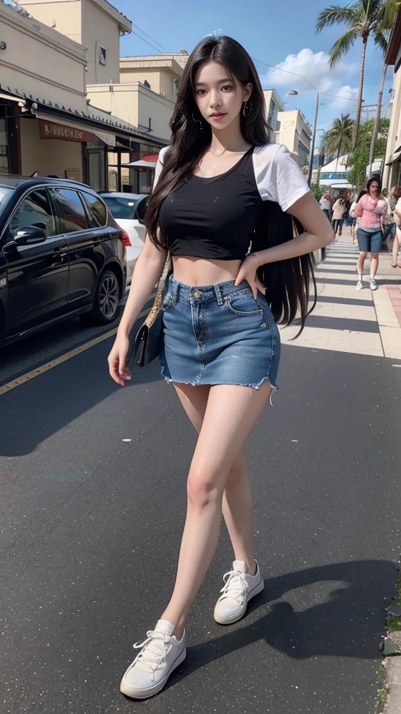 ((Highest quality, 8K, Masterpiece: 1.3)), Sharp focus: 1.2, Beautiful women in perfect style: 1.4, Slender stomach: 1.2, (long hair: 1.9), (หน้าอกbigโต, Breast augmentation, เต้านมbig, นมbig), ((dark brown hair, big: 1.4)), Angel Face, detailed face, beautiful girl, cute, Short T-shirtสีขาว, Short T-shirt, Short denim skirt, Short denim skirt, Short denim skirt, during, Waikiki Beach: 1.2, palm tree, (ยิงfront), (full length photo: 1.3,), Highly detailed facial and skin textures, Detailed eyes, Double eyelids, walk, front, elegant, white sneakers