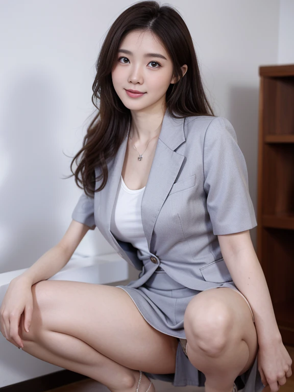 (8K high image quality), (top-quality), (RAW image quality),(masutepiece:1.2), (Realistic), (Photorealistic:1.37), largeeyes,long eyelasher,Precise action and realistic style）,The Ultimate Face,Photorealistic, Light and shadow,Clear facial features,milky skin,Fair skin, highdetailskin,Realistic skin details,Visible Pore,（Super Detail）,Hair length is random, （Flowing hair）,Best portraits,Shooting from a distance, Only one girl, Cute,Beautiful detailed eyes, beautiful detailed nose, highlydetailed skin) ,(Beautiful face with double eyelids), (Realism: 1.4),delicate and beautiful face,25-years old,(Beautiful Face 1.4),A slender, (Wearing an office lady suit and skirt:1.2),((In the office of the company)),,Natural smile,(,Looks fun),Medium Hair,,((Wearing an office lady suit and skirt)),Very beautiful legs,(((squatting on viewer))),((Smile at your audience)),The color of the panties is white,Very attractive smile,Sit with both knees upright,((Squatting down to show not wearing panties)),(((Squats with legs slightly spread))),Gesture of putting a hand on the cheek