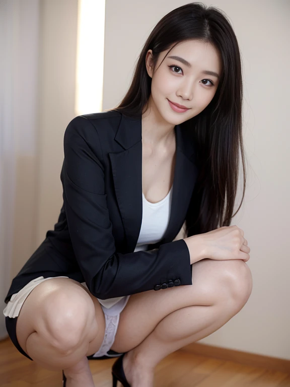 (8K high image quality), (top-quality), (RAW image quality),(masutepiece:1.2), (Realistic), (Photorealistic:1.37), largeeyes,long eyelasher,Precise action and realistic style),The Ultimate Face,Photorealistic, Light and shadow,Clear facial features,milky skin,Fair skin, highdetailskin,Realistic skin details,Visible Pore,(Super Detail),Hair length is random, (Flowing hair),Best portraits,Shooting from a distance, Only one girl, Cute,Beautiful detailed eyes, beautiful detailed nose, highlydetailed skin) ,(Beautiful face with double eyelids), (Realism: 1.4),delicate and beautiful face,25-years old,(Beautiful Face 1.4),A slender, (Wearing an office lady suit and skirt:1.2),((In the office of the company)),,Natural smile,(,Looks fun),Medium Hair,,((Wearing an office lady suit and skirt)),Very beautiful legs,(((squatting on viewer))),((Smile at your audience)),The color of the panties is white,Very attractive smile,Sit with both knees upright,((Squatting down to show not wearing panties)),(((Squats with legs slightly spread))),Gesture of putting a hand on the cheek