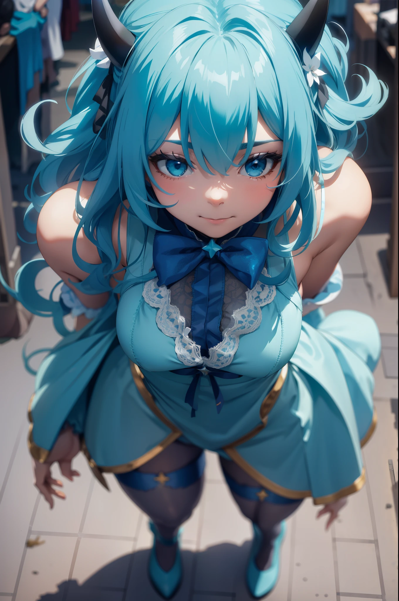 Aerial View,giant girl 50,000 feet high,Weight 1000kg,Has a pair of huge blue angel wings,With huge devil horns on his head,Has waist-length blue hair,loose hair,Blue wavy hair,cyan crown,Wearing a pair of cyan Mary Jane high heels,cyan lace gloves,Cyan lace pantyhose,Pantyhose with bow and star decorations,青色蕾丝whole body,Standing upright on a small city,Beautiful appearance,Exquisite makeup,quality,8k,高quality,Perfect proportion, Cinema lighting,film grain,Fuji colors,8k,textured skin,Super details,high detail,high resolution,fake smile,blood stains,脚底有blood stains,whole body,Obese,feather