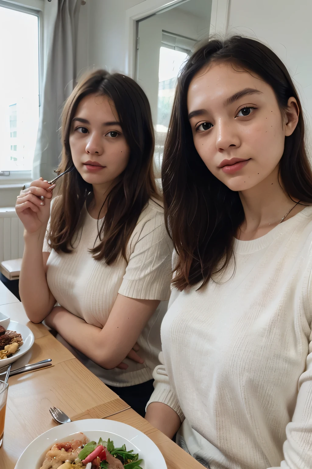 20 years old Hong Kong office lady eating dinner at home causally, 2 girls friends, hyper realistic, symmetric face, open neck white knit shirt, selfie