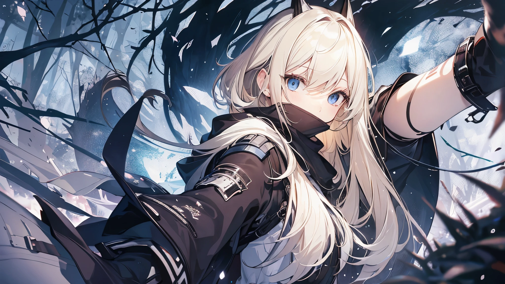 ((masterpiece:1.4, best quality))+, (Ultra-detailed)+, (delicate blue eyes:1.5)+, (Detailed ears:1.5), (cute girls), (Tight white silk:1.5), Tight white silk, Long hair details,no headgear,High neck sweatshirt,(Black hood:1.2), pale skin, (brown cloth:1.5), (Black Martin boots:1.4), towering trees,Surrounded by huge black trees,shrouded in thick fog,huge black shield,huge black crystal,Flying dust,Jet black mechanical armor,seaside,(Wanderers:1.1), (dawn light:1.2), ), (close up:1.1), the only person, Bright blonde hair, Gloom (Express), from the front, from below, best quality, high resolution, high detail, high quality, 16k