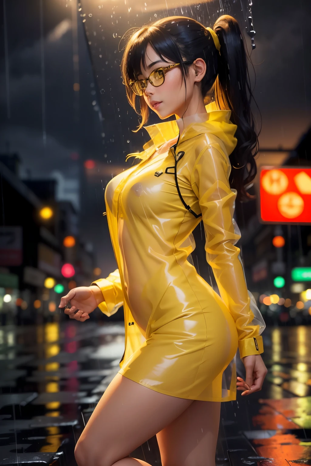 (from the side:1.5), Full body, 1 beautiful Thai girl, long hair in a ponytail,,,, bangs, eyeglasses, Naughty smile, Over-ear headphones, slim waist, natural small breast, perky tits, stand solemnly, (rain coat, See-Through, Very large size, yellow:1.5), (open chest:1.5), It's raining, backlit, silhouette, city, night light, anime, ultra highres