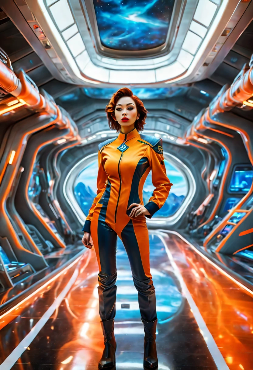 A full-body portrait of a 24-year-old female starship captain in a futuristic sci-fi setting, emphasizing her entire figure and the starship interior. She stands confidently in her sleek, modern captain's uniform, which is both stylish and indicative of her rank. Her expression combines composure, coolness, and a hint of cuteness, making her instantly likable. The background reveals the starship's interior, with advanced technological controls, screens, and futuristic design elements, enhancing the sci-fi theme. The scene should capture her leadership qualities and the advanced environment of her starship, portraying her as a competent and admirable captain in a futuristic world, (花卉水彩画:1.5)，(Super high saturation, bright and vivid colors:1.5), (nsfw), (正面看着观众:1.5)，((远景:1.8))