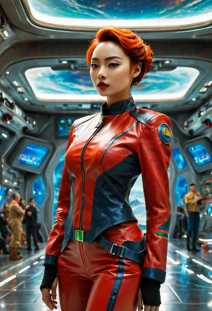 A full-body portrait of a 24-year-old female starship captain in a futuristic sci-fi setting, emphasizing her entire figure and the starship interior. She stands confidently in her sleek, modern captain's uniform, which is both stylish and indicative of her rank. Her expression combines composure, coolness, and a hint of cuteness, making her instantly likable. The background reveals the starship's interior, with advanced technological controls, screens, and futuristic design elements, enhancing the sci-fi theme. The scene should capture her leadership qualities and the advanced environment of her starship, portraying her as a competent and admirable captain in a futuristic world, (花卉水彩画:1.5)，(Super high saturation, bright and vivid colors:1.5), (nsfw), (正面看着观众:1.5)，((远景:1.8))