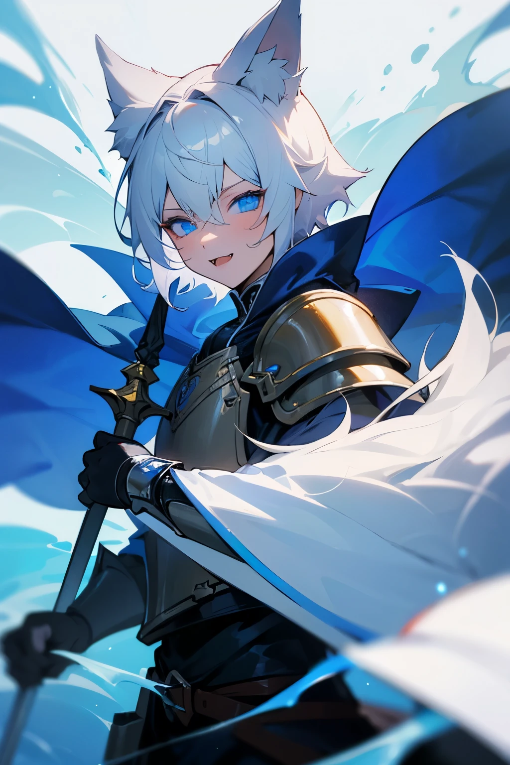 master masterpiece, 4k, highly detailed, 1boy, femboy, fangs, cat ears, white hair, short hair, white hair, white fur, ((water theme)), blue eyes, bright neon blue eyes, paladin, medieval, warrior, armor, blue cape, happy, Clear focus, hard lighting,vivd colour.