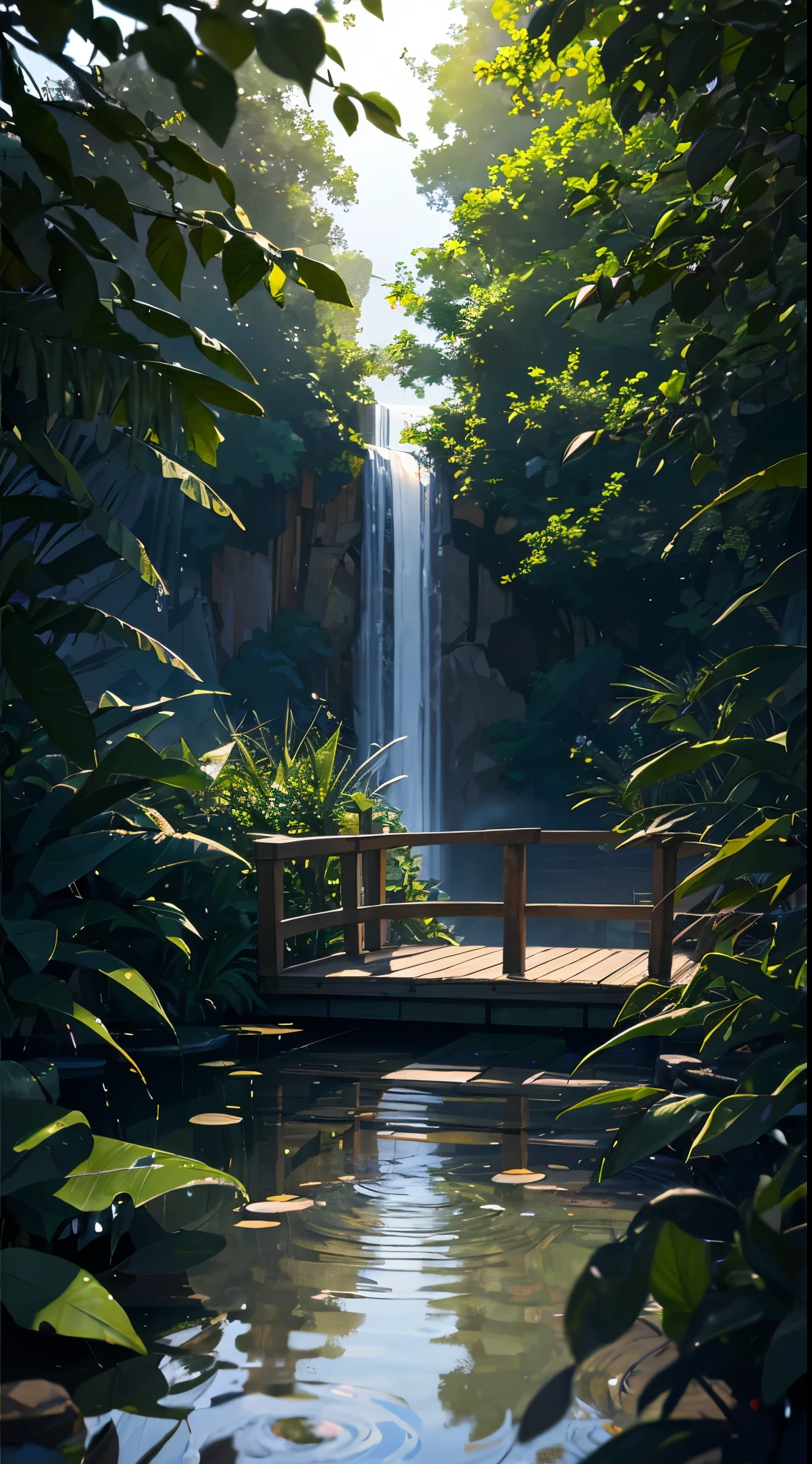 wallpaper, summer pond, pond, wooden bridge, afternoon sun, pond background, depth of field, hot weather, hd detail, wet watermark, hyperdetail, film, surrealism, soft light, deep field focus bokeh, ray tracing, diffuse (ultra-fine glass reflection) and surrealism. --v6