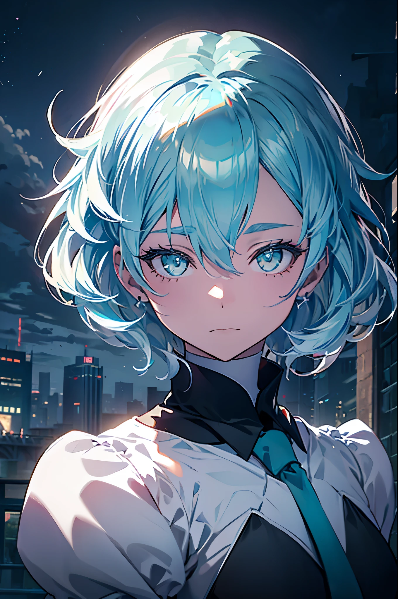 masterpiece, best quality, ((((1girl)))), (colorful),(finely detailed beautiful eyes and detailed face),cinematic lighting,extremely detailed 8k wallpaper, sky, cloudy_sky, building, moonlight, moon, night, (dark theme:1.3), light, fantasy, (((Only one character))), 1 girl, male, cyan hair, cyan eyes, Sinon Gun Gale Online, Final Fantasy XIV, fierce expression, ((Sinon))