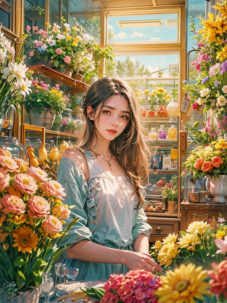 a dream girlfriend, Flower shop owner, youthful charm, beautiful flower shop background, Warm depictio, (Super high saturation, bright and vivid colors)