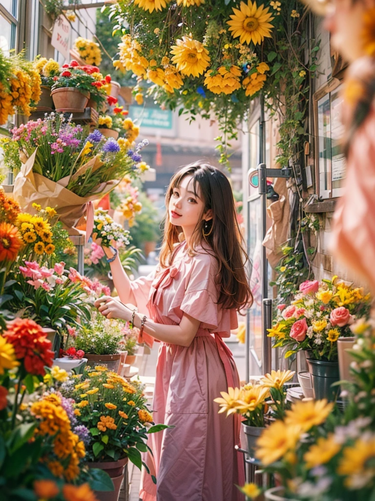 a dream girlfriend, Flower shop owner, youthful charm, beautiful flower shop background, Warm depictio, (Super high saturation, bright and vivid colors)