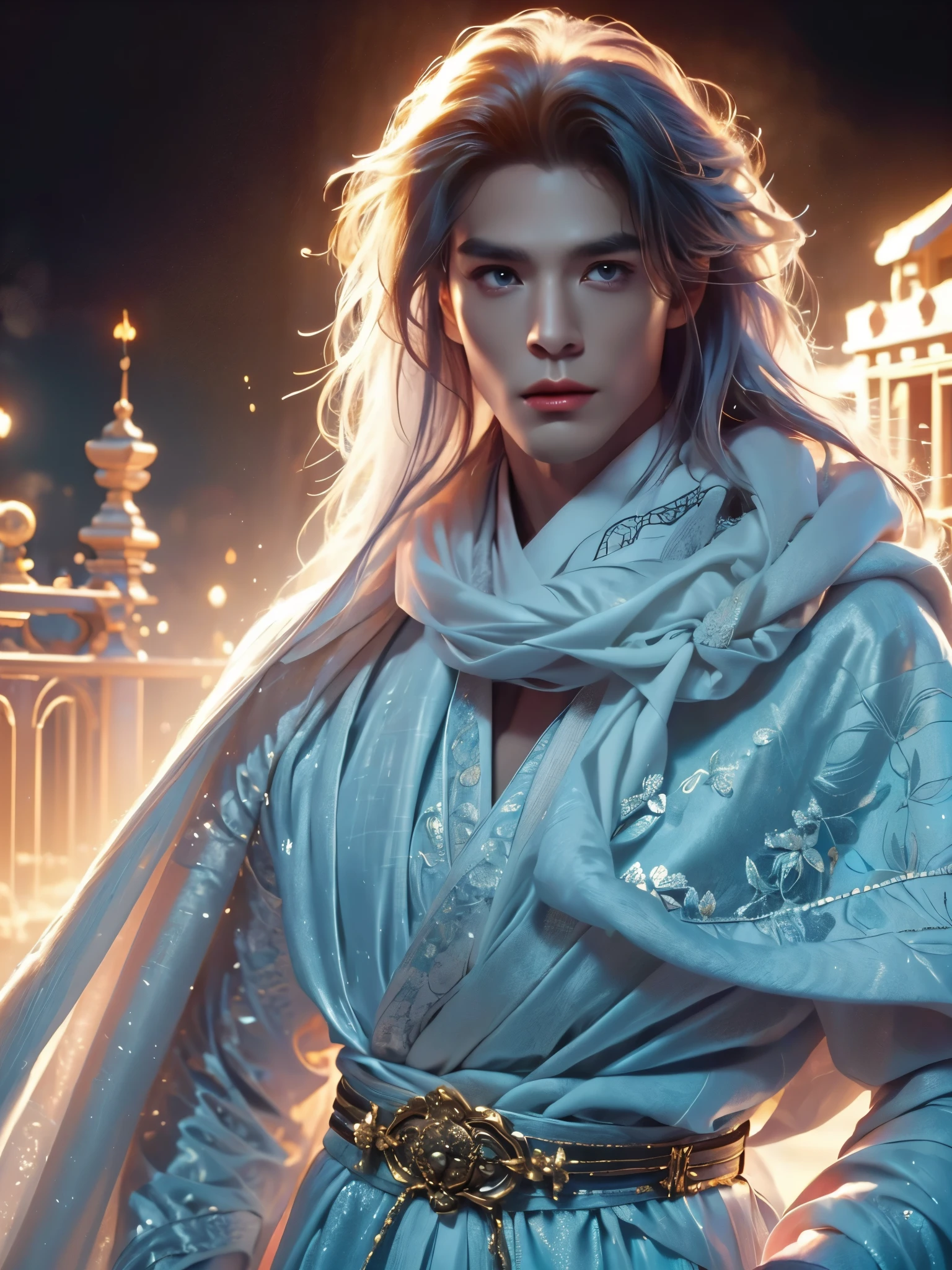 in style of Delphin Enjolras, character concept design, close up， (male character design），（gazing at the camera），（Messy white long hair）,（Pan An, a handsome Chinese man gazing affectionately, is flying in the clouds：1.37），（Pan An wears modern and fashionable men&#39;s blue sweater suit pants：1.37），Pan An’s skin is fair and flawless，The bridge of his nose is high and straight，(long,Messy shawl hair：1.1），（double eyelids, Bright Eyes, Big clear and bright eyes），sad prince，Food with red lips and white teeth，gentle melancholy，Pan An is tall and tall.，He has a strong physique，Toned muscles，Fresh and toned abs, His exquisite facial features，Kingly style， （Main color blue：0.8）