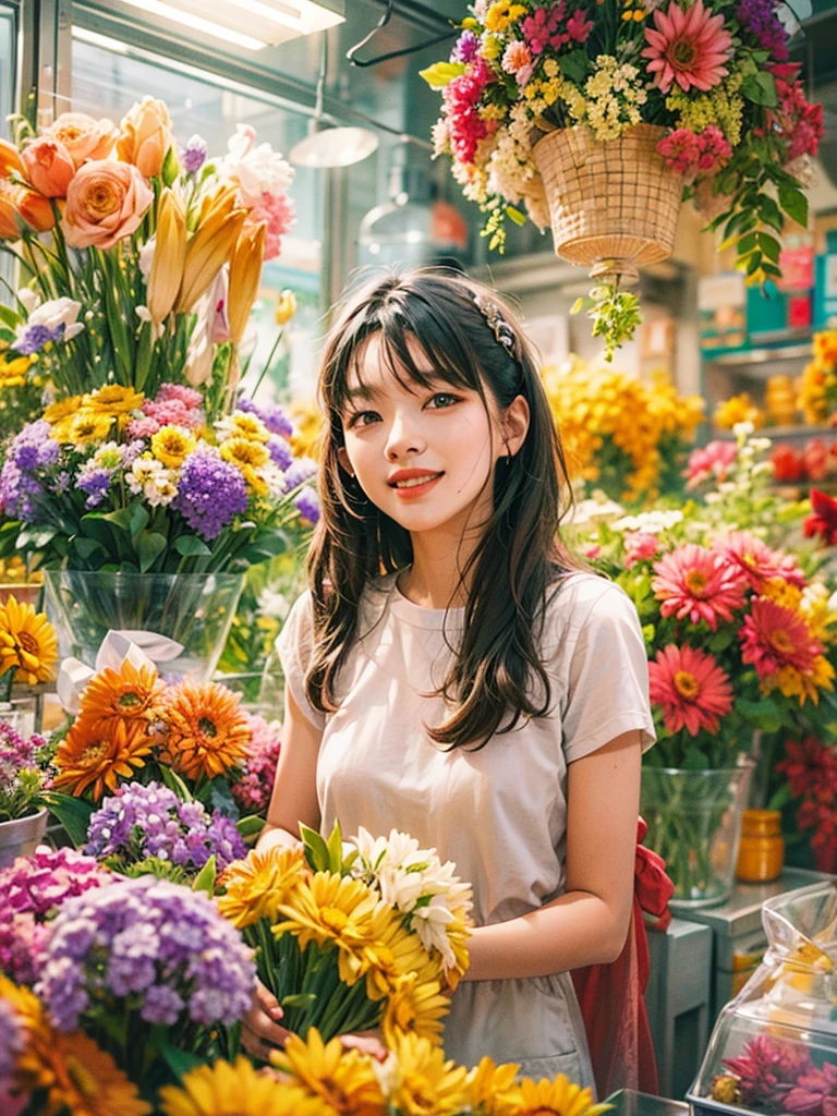 a dream girlfriend, Flower shop owner, youthful charm, beautiful flower shop background, Warm depictio, (Super high saturation, bright and vivid colors)