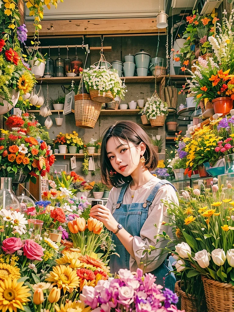 a dream girlfriend, Flower shop owner, youthful charm, beautiful flower shop background, Warm depictio, (Super high saturation, bright and vivid colors)