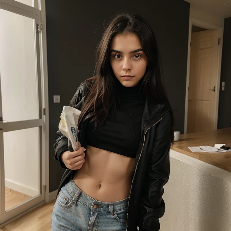 photograph of a 20 year old woman, cara perfecta, obra maestra, Bien, ropa interior, negro_Bien, chaqueta, negro_bragas