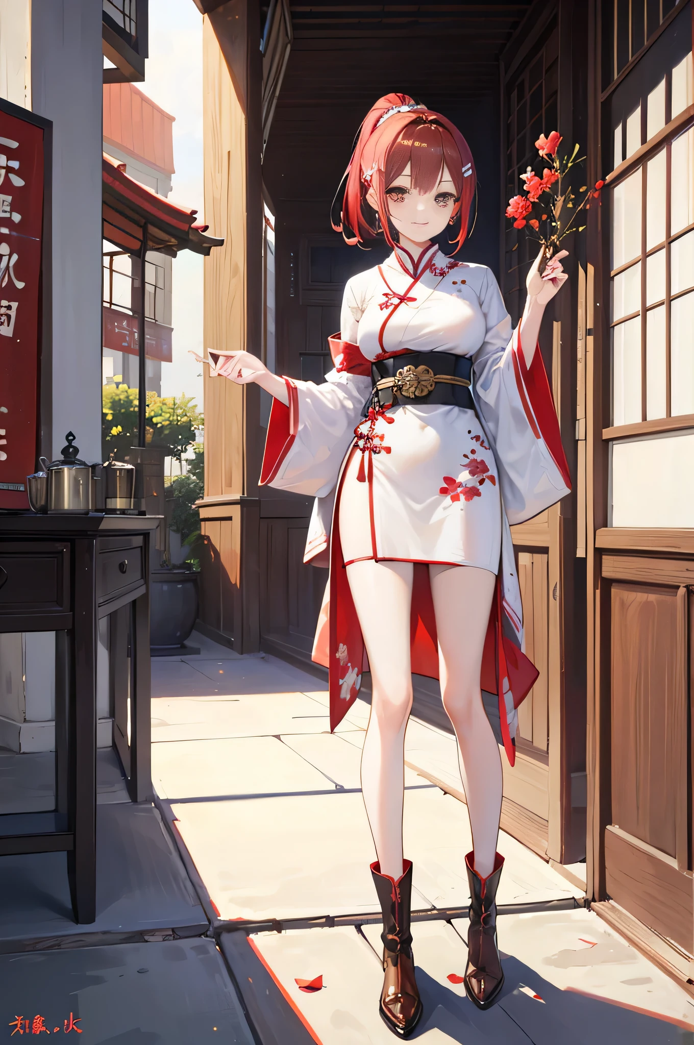 Brunette beauty。high ponytail,red hairclip,short and fine hair,extremely tall,Wear red and white antique Japanese clothes,Valkyrie,brown belt,brown boots,with a red spear in hand,standing in an antique courtyard,bright smile,red pupil,barefoot,best quality,master piece,Chinese style,